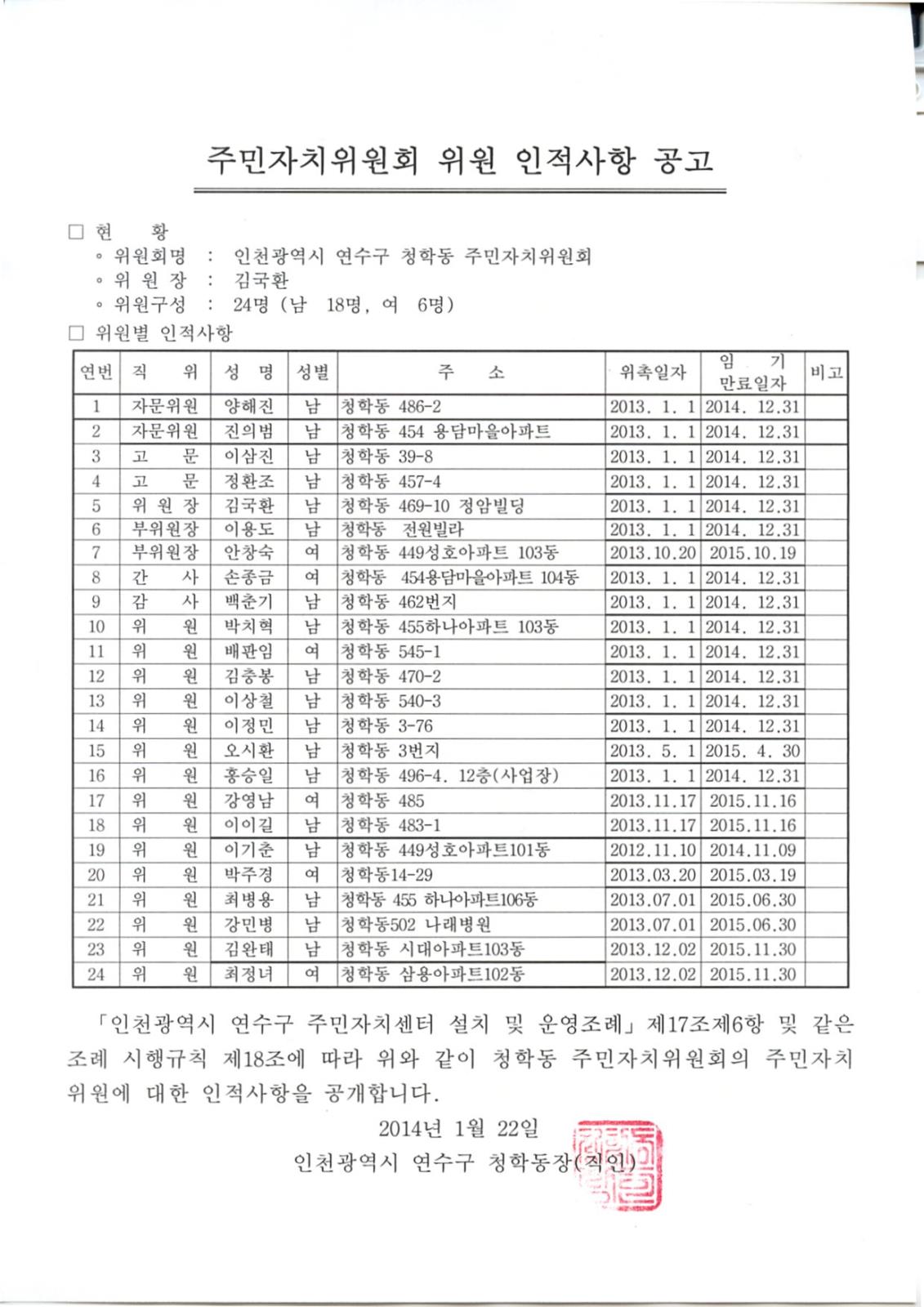 청학동주민자치위원 인적 사항 공고의 번째 이미지